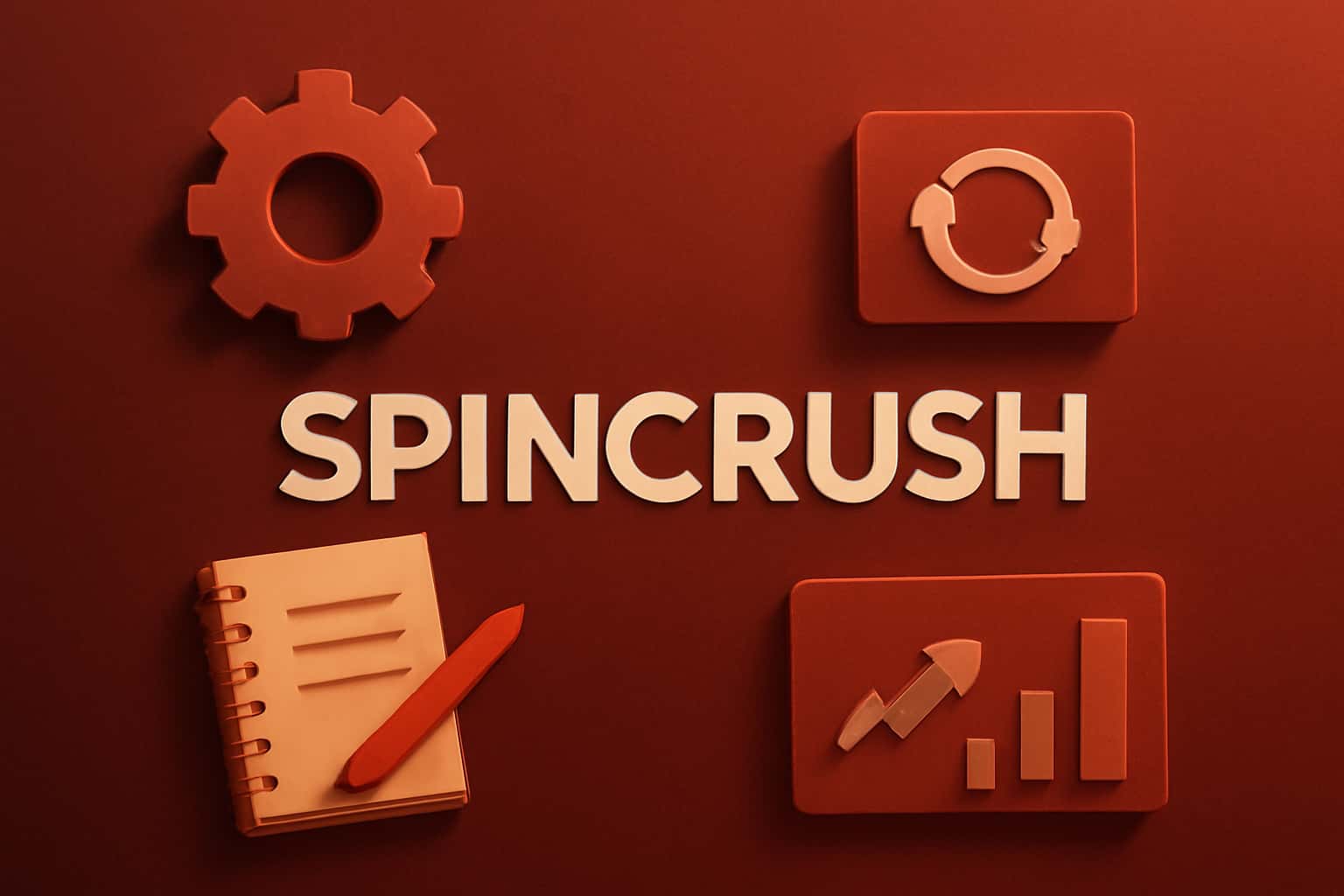 A futuristic design featuring the text 'Spincrush' in a high-tech setting, illuminated with #c4181a accents.